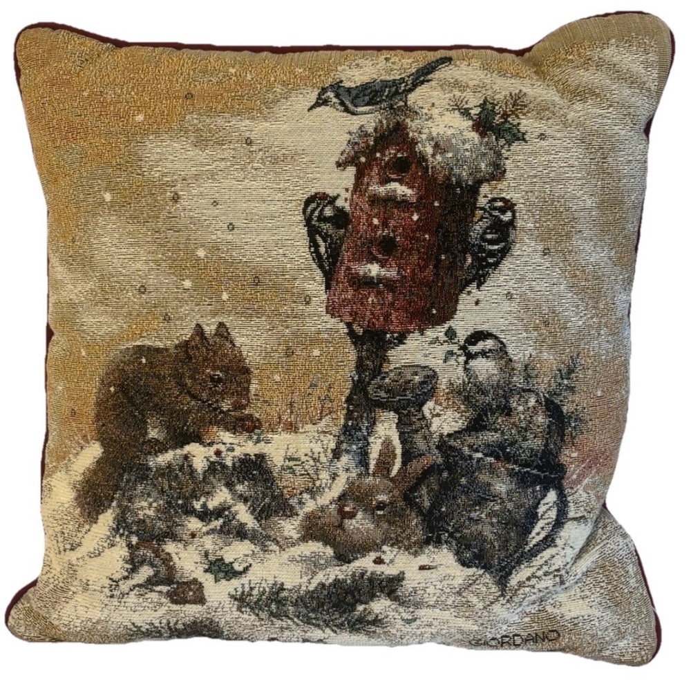 RIVERDALE GIORDANO Tapestry Throw Pillow 16" x 16" Winter Nature Squirrel Birds